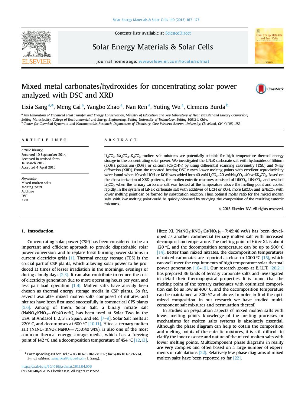 Mixed metal carbonates/hydroxides for concentrating solar power analyzed with DSC and XRD