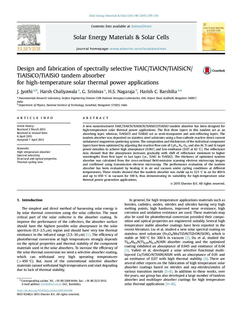 Design and fabrication of spectrally selective TiAlC/TiAlCN/TiAlSiCN/TiAlSiCO/TiAlSiO tandem absorber for high-temperature solar thermal power applications