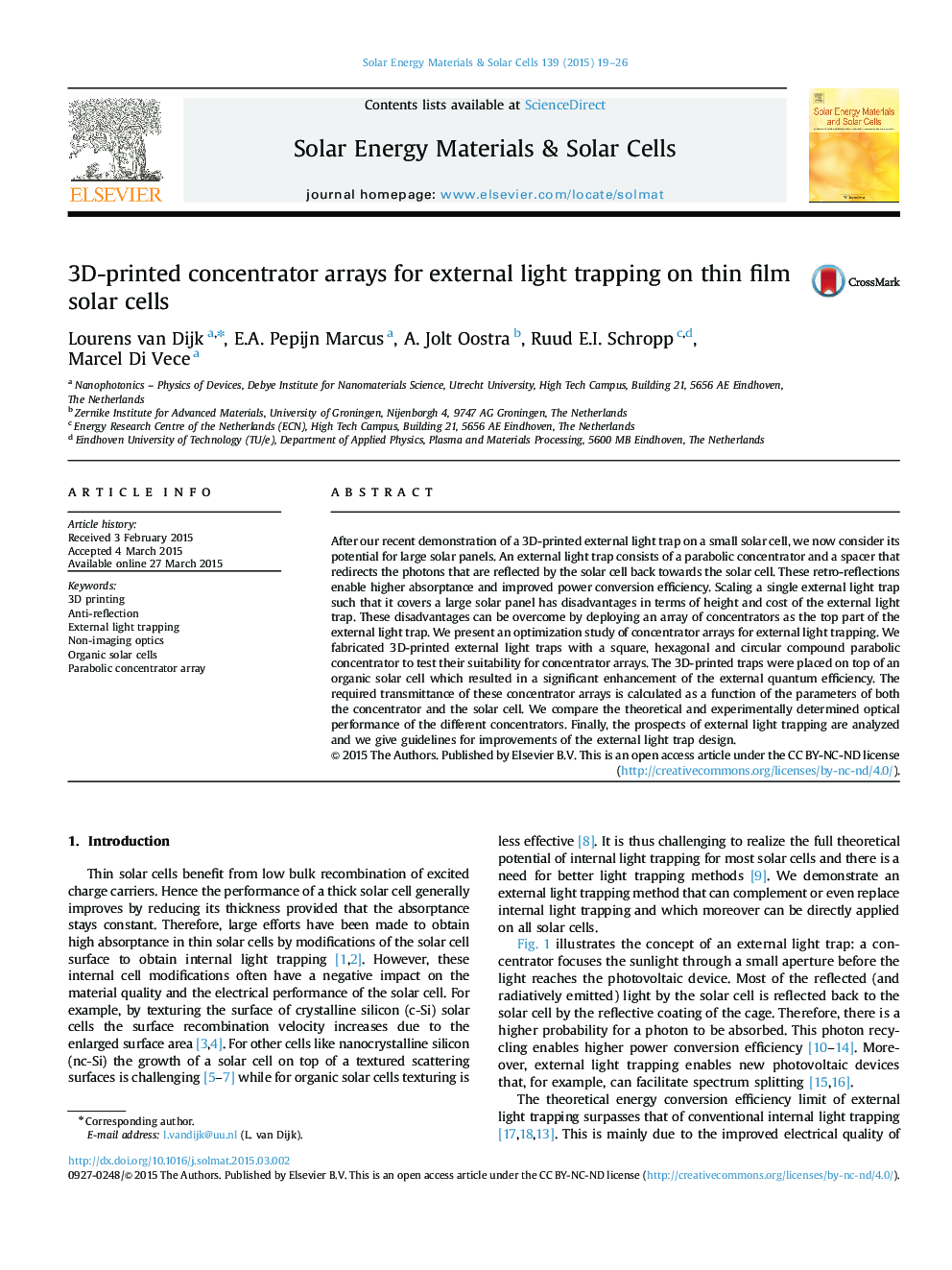 3D-printed concentrator arrays for external light trapping on thin film solar cells