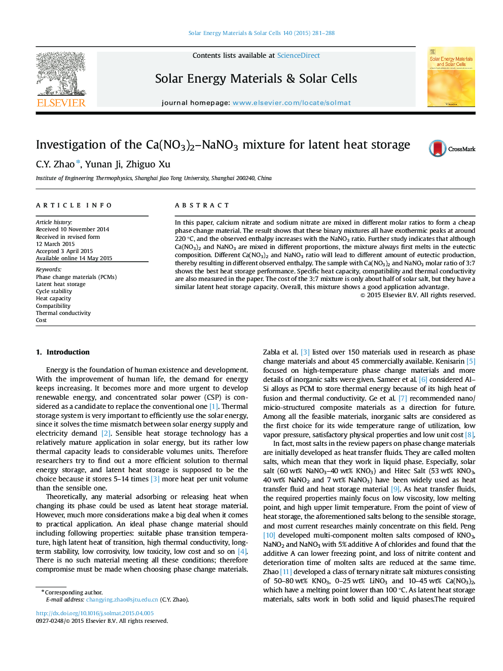 Investigation of the Ca(NO3)2-NaNO3 mixture for latent heat storage