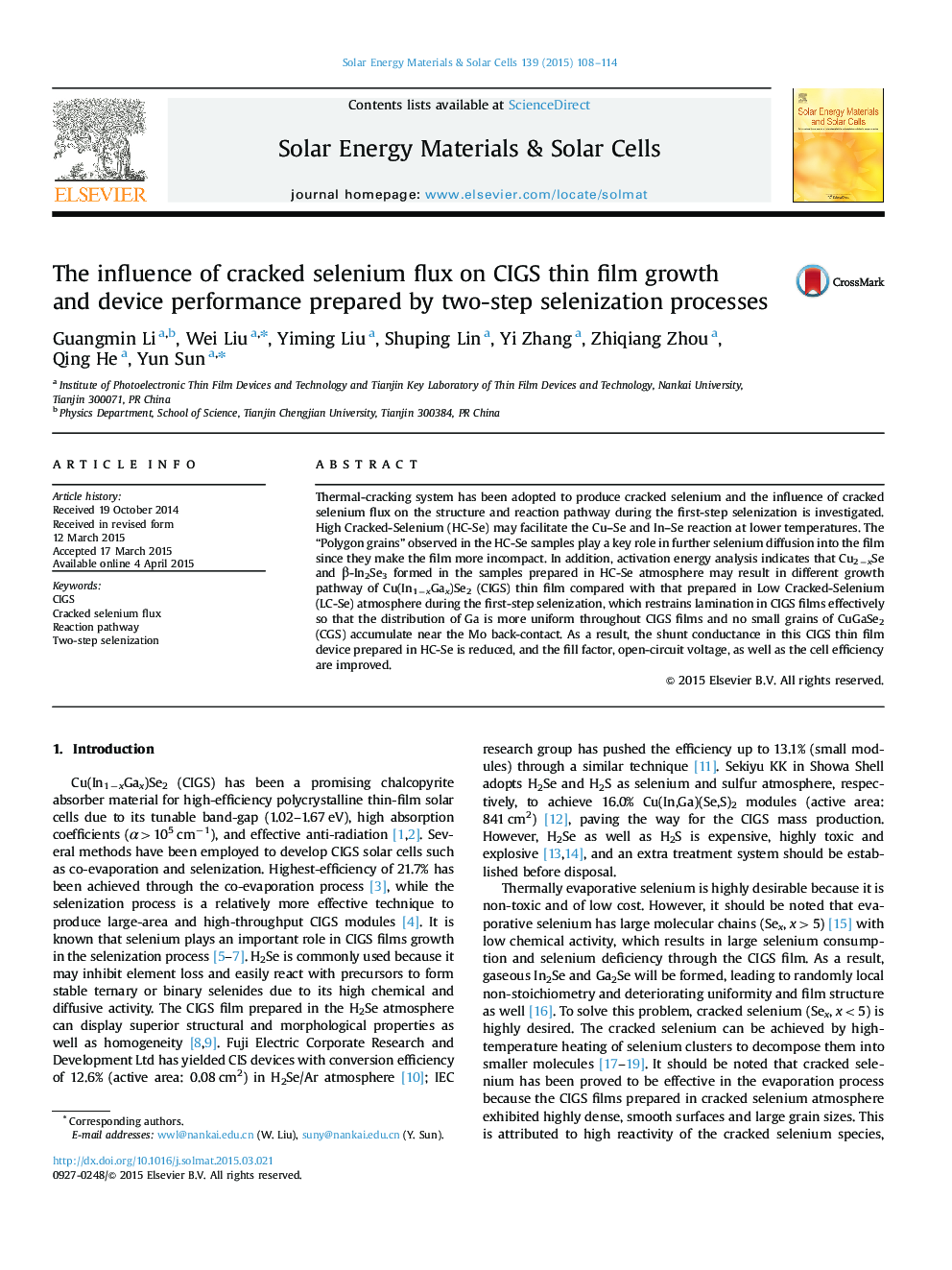 The influence of cracked selenium flux on CIGS thin film growth and device performance prepared by two-step selenization processes