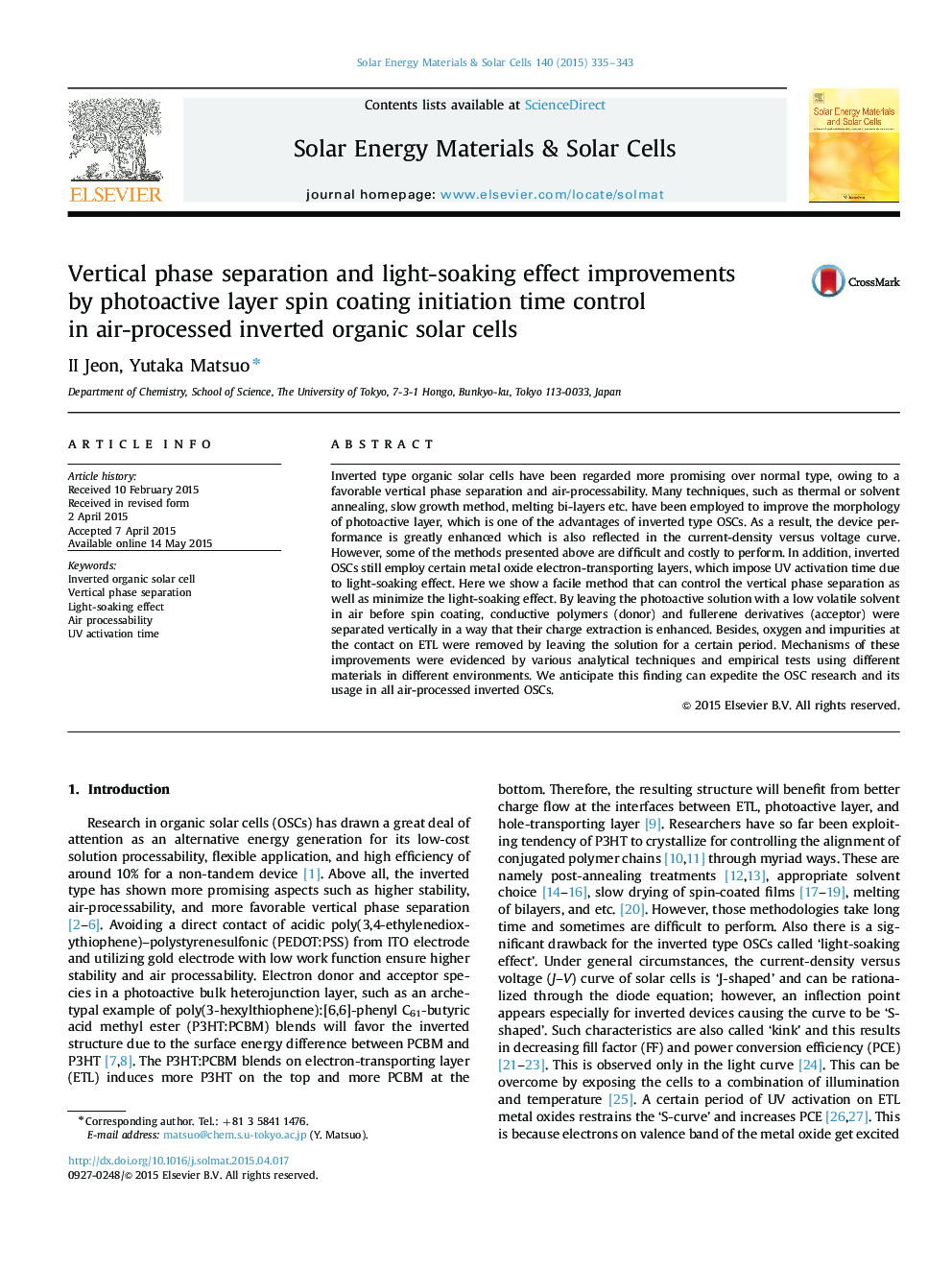 Vertical phase separation and light-soaking effect improvements by photoactive layer spin coating initiation time control in air-processed inverted organic solar cells