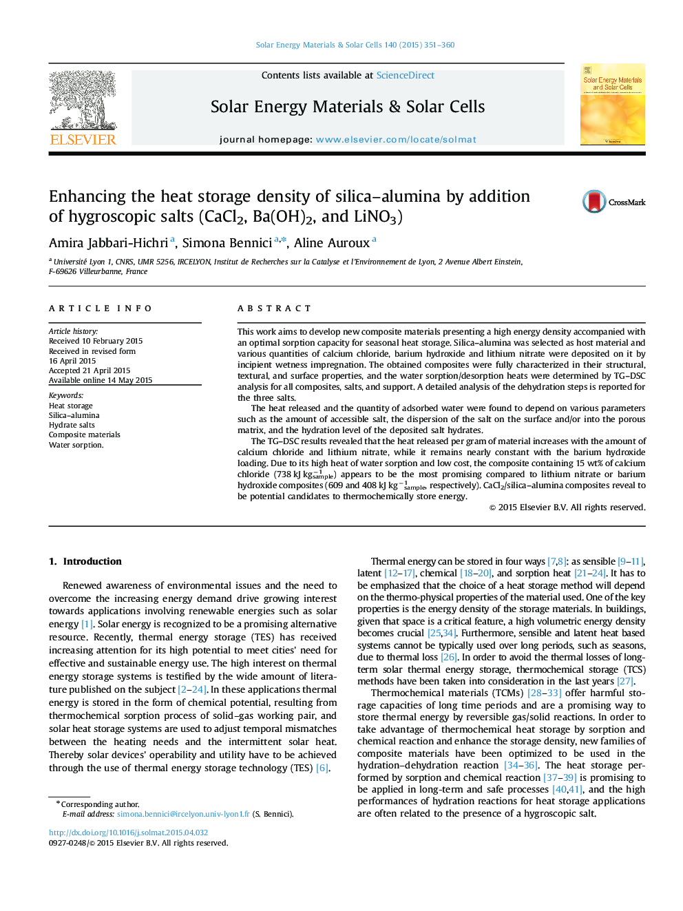 Enhancing the heat storage density of silica-alumina by addition of hygroscopic salts (CaCl2, Ba(OH)2, and LiNO3)