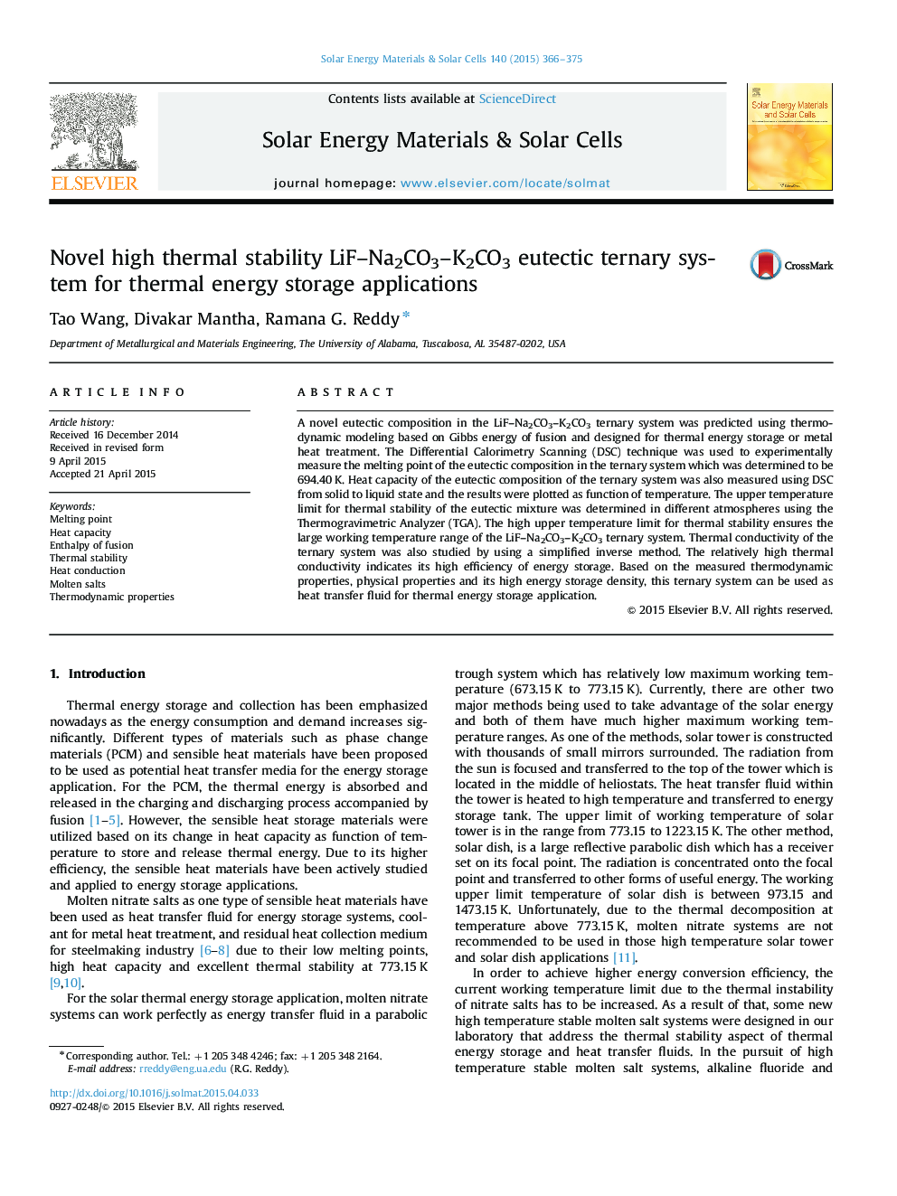 Novel high thermal stability LiF-Na2CO3-K2CO3 eutectic ternary system for thermal energy storage applications