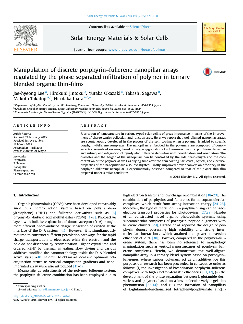 Manipulation of discrete porphyrin-fullerene nanopillar arrays regulated by the phase separated infiltration of polymer in ternary blended organic thin-films