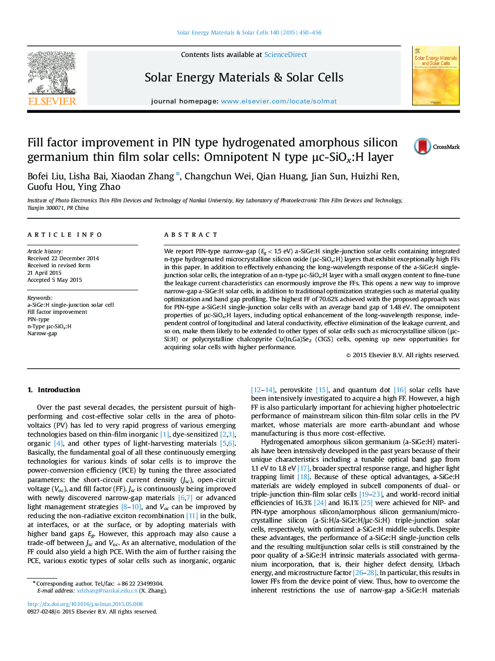 Fill factor improvement in PIN type hydrogenated amorphous silicon germanium thin film solar cells: Omnipotent N type Î¼c-SiOx:H layer