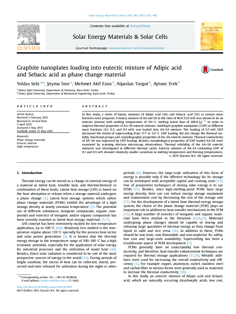 Graphite nanoplates loading into eutectic mixture of Adipic acid and Sebacic acid as phase change material