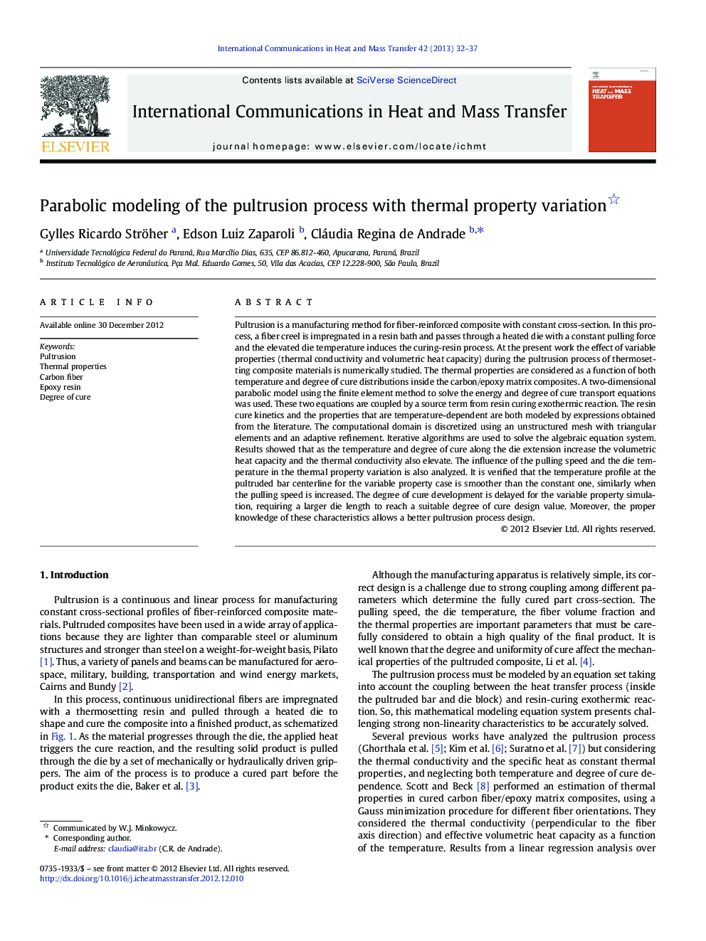 Parabolic modeling of the pultrusion process with thermal property variation 