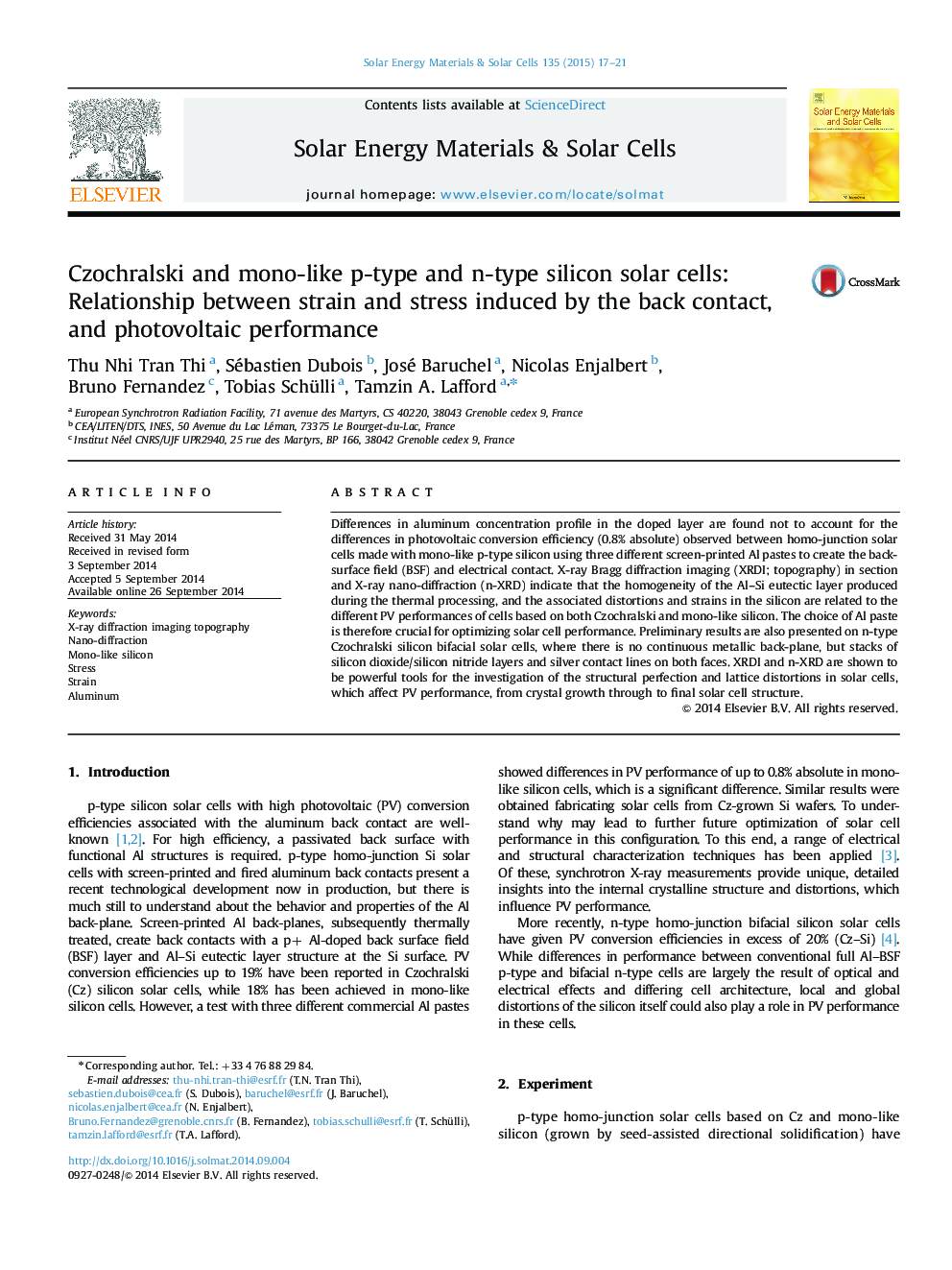 Czochralski and mono-like p-type and n-type silicon solar cells: Relationship between strain and stress induced by the back contact, and photovoltaic performance