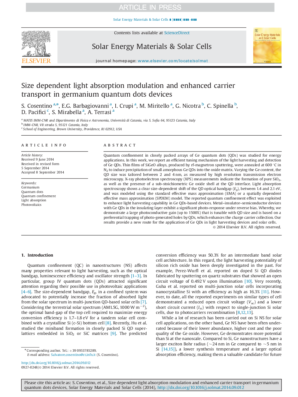 Size dependent light absorption modulation and enhanced carrier transport in germanium quantum dots devices