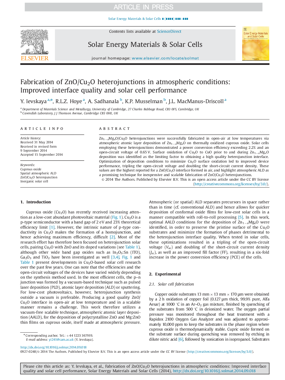 Fabrication of ZnO/Cu2O heterojunctions in atmospheric conditions: Improved interface quality and solar cell performance