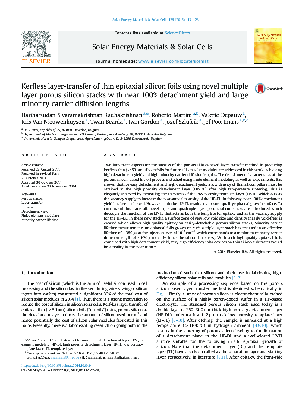 Kerfless layer-transfer of thin epitaxial silicon foils using novel multiple layer porous silicon stacks with near 100% detachment yield and large minority carrier diffusion lengths