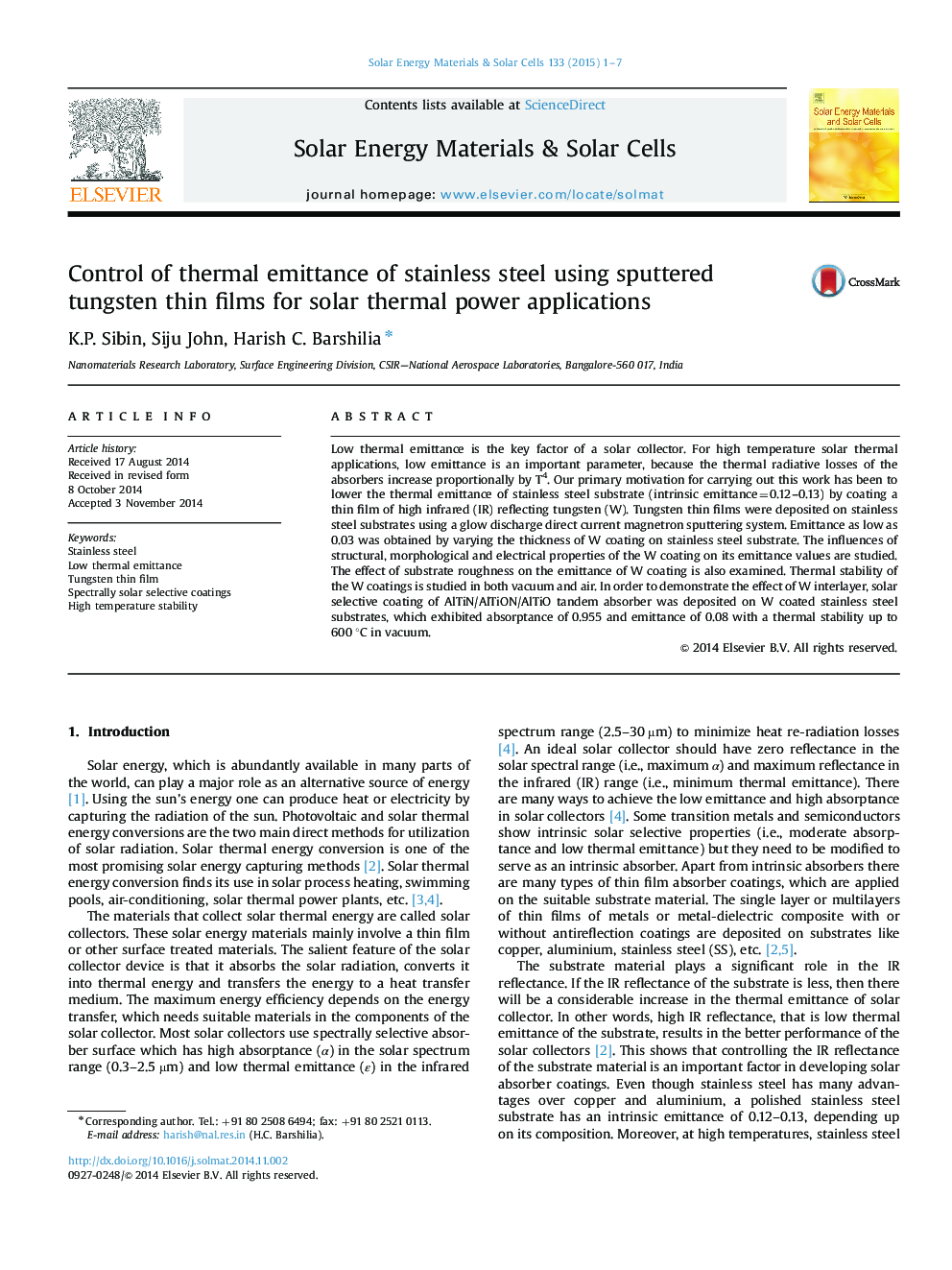 Control of thermal emittance of stainless steel using sputtered tungsten thin films for solar thermal power applications