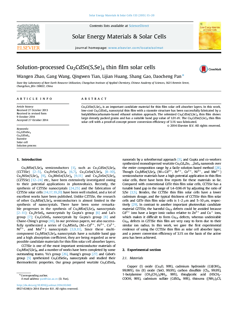 Solution-processed Cu2CdSn(S,Se)4 thin film solar cells