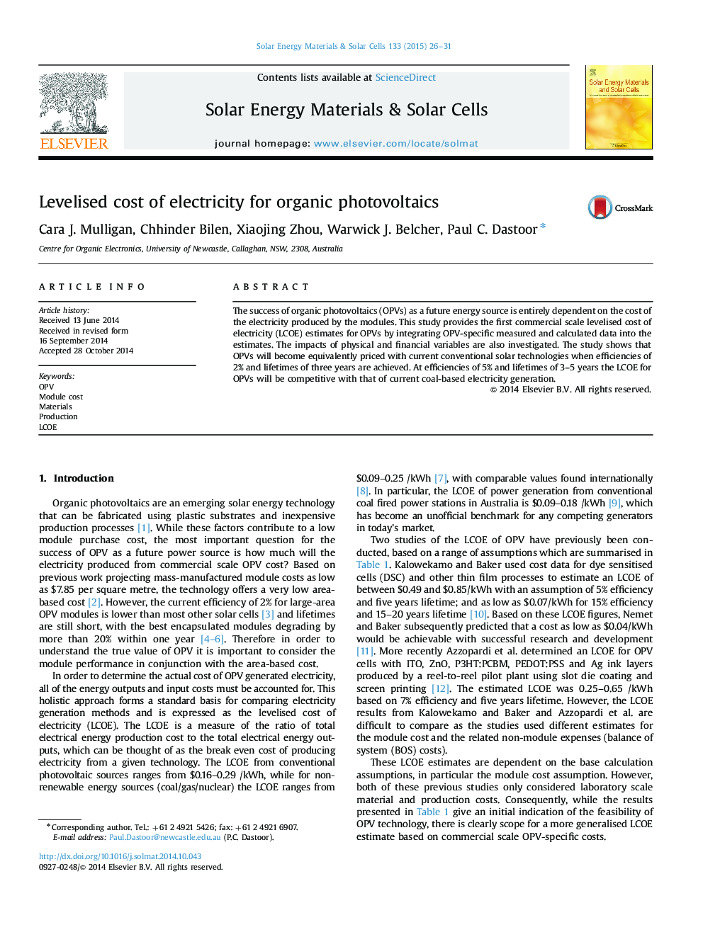 Levelised cost of electricity for organic photovoltaics