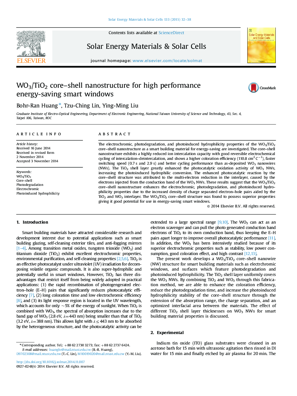 عکس صفحه اول مقاله: WO3/TiO2 core-shell nanostructure for high performance energy-saving smart windows WO3/TiO2 core-shell nanostructure for high performance energy-saving smart windows