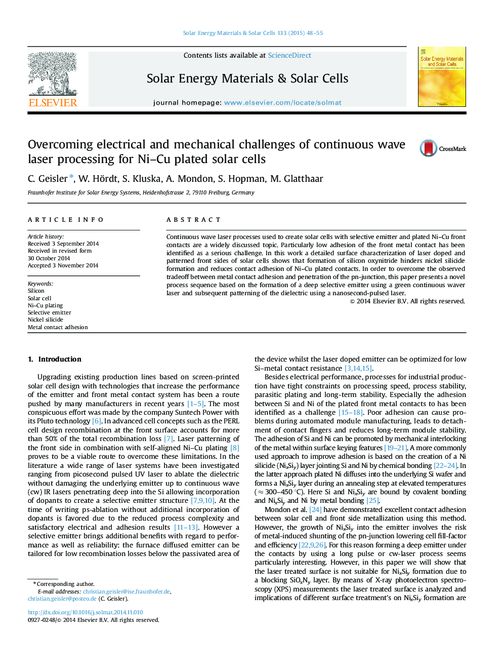 Overcoming electrical and mechanical challenges of continuous wave laser processing for Ni-Cu plated solar cells