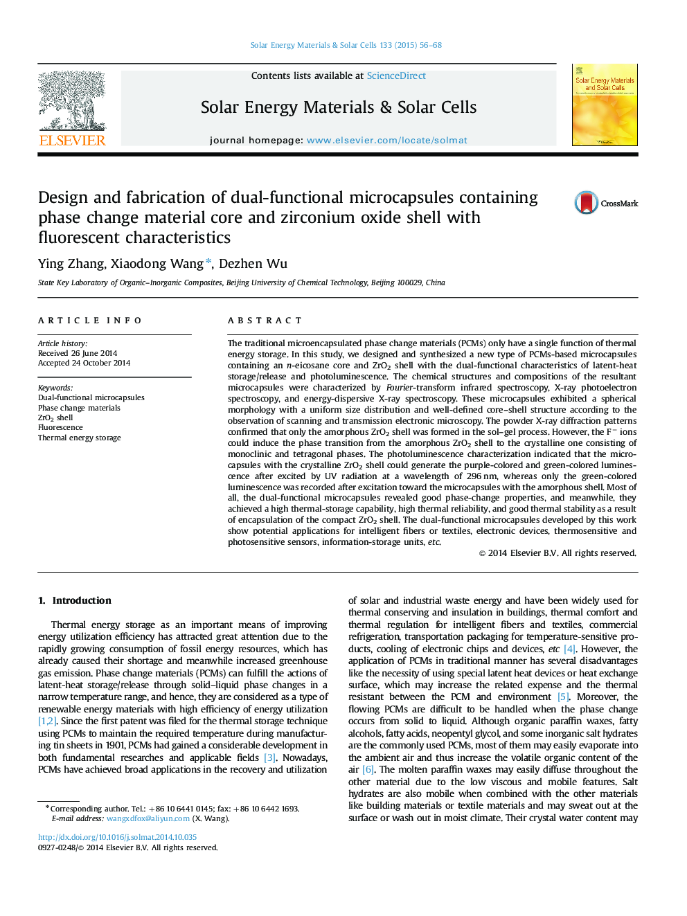 Design and fabrication of dual-functional microcapsules containing phase change material core and zirconium oxide shell with fluorescent characteristics