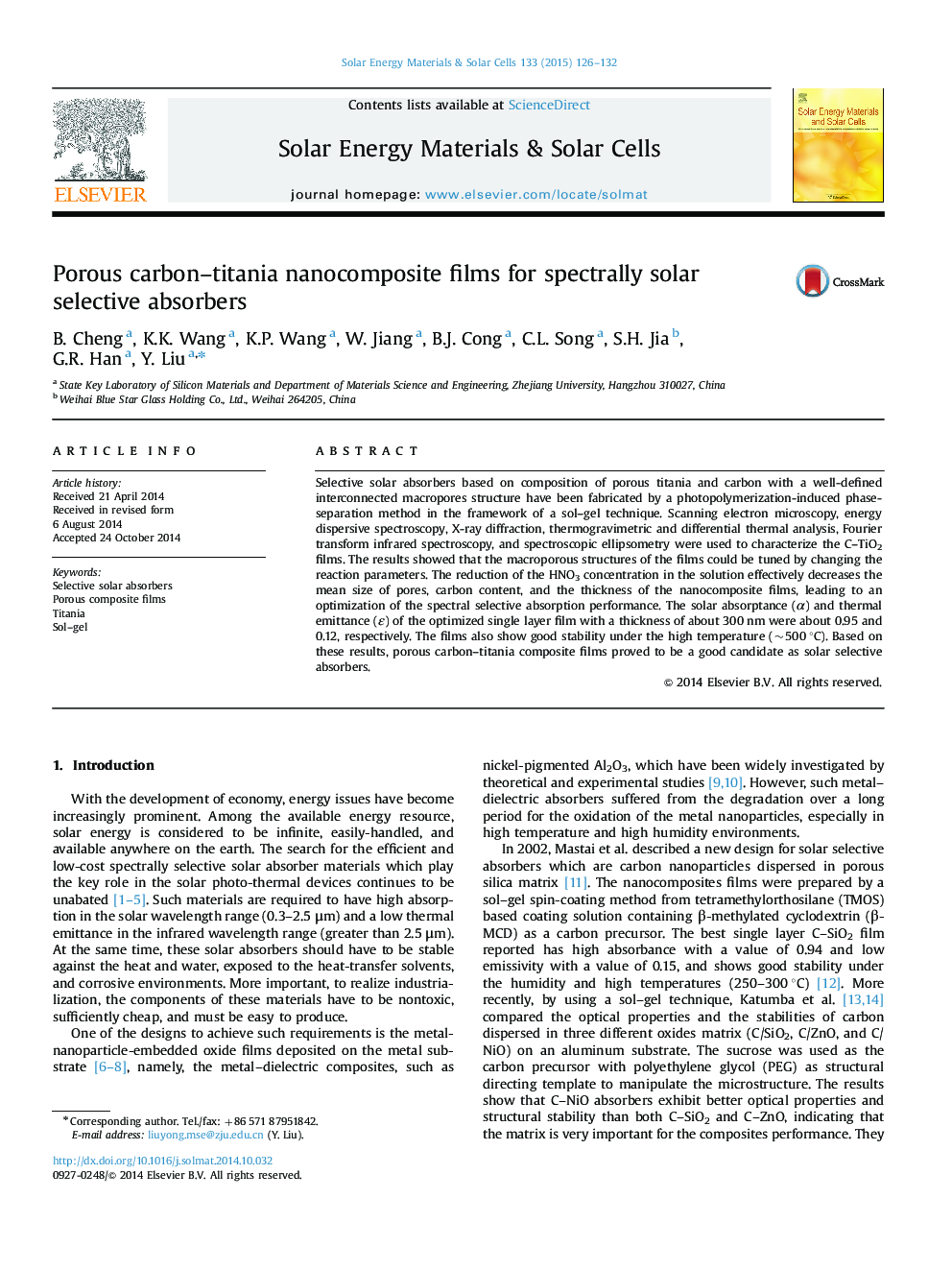 Porous carbon-titania nanocomposite films for spectrally solar selective absorbers