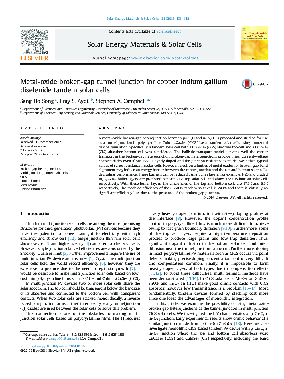 Metal-oxide broken-gap tunnel junction for copper indium gallium diselenide tandem solar cells