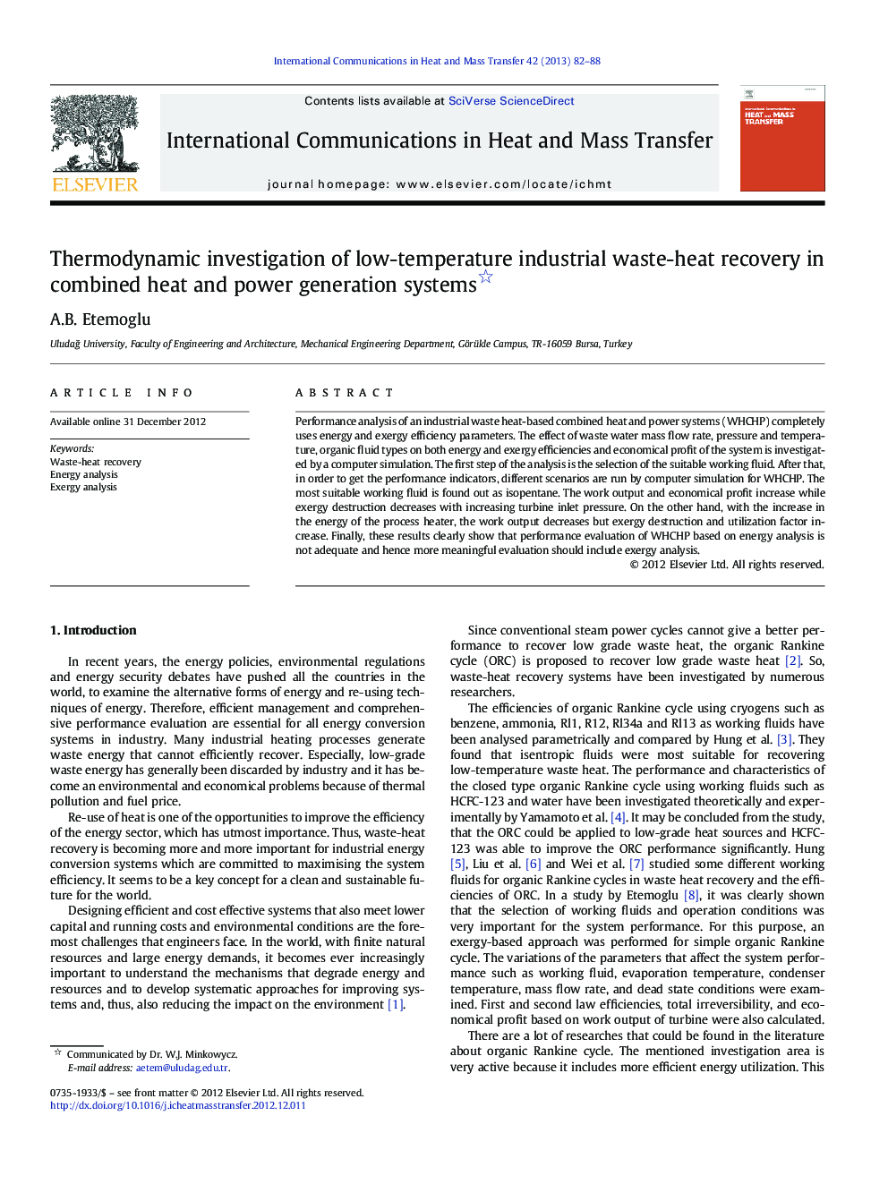 Thermodynamic investigation of low-temperature industrial waste-heat recovery in combined heat and power generation systems 