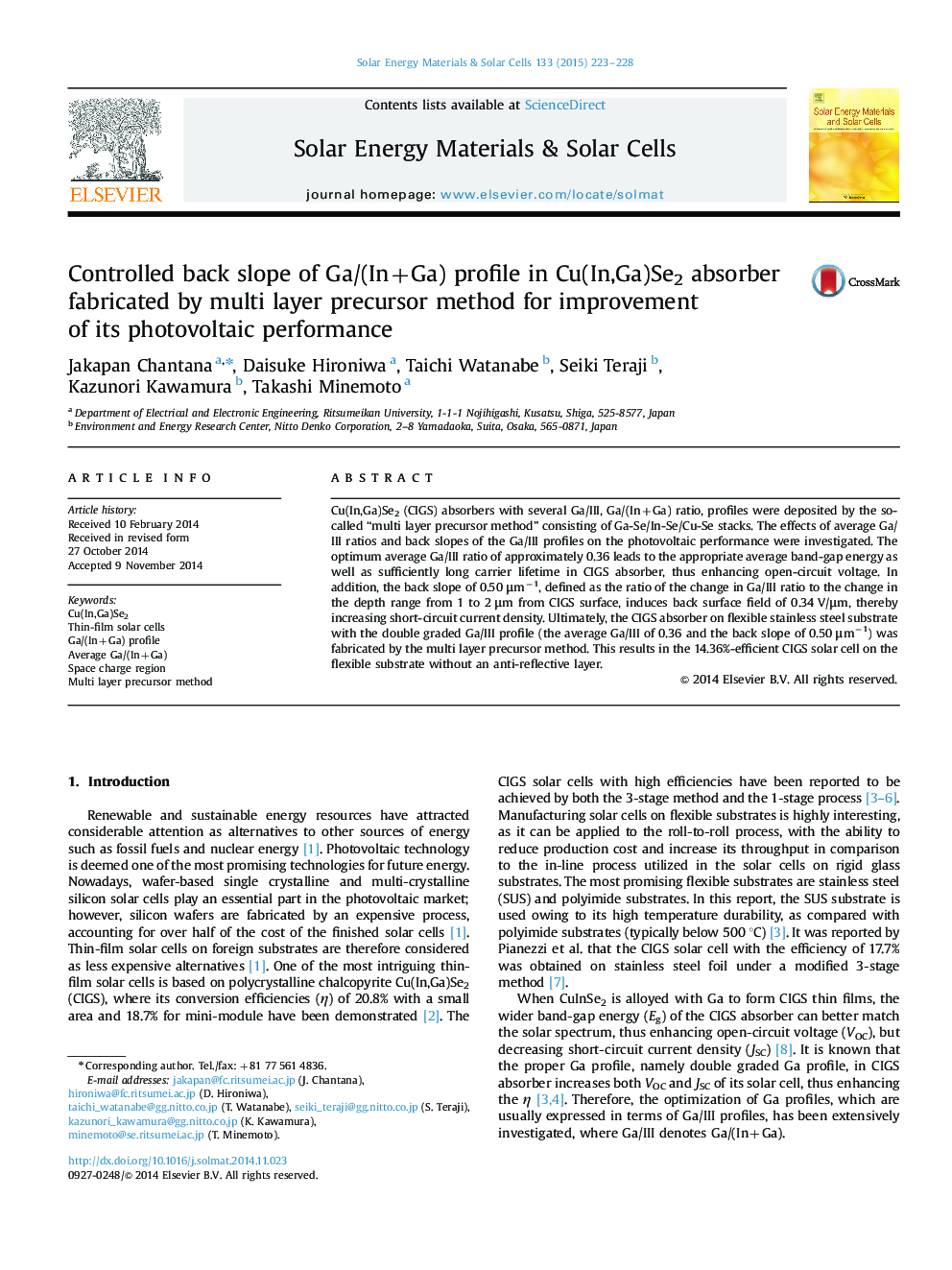 Controlled back slope of Ga/(In+Ga) profile in Cu(In,Ga)Se2 absorber fabricated by multi layer precursor method for improvement of its photovoltaic performance
