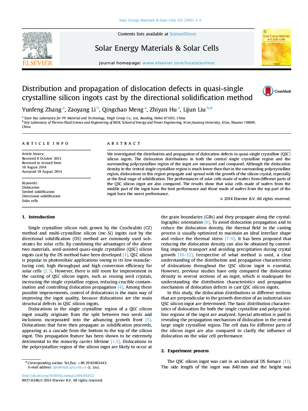 Distribution and propagation of dislocation defects in quasi-single crystalline silicon ingots cast by the directional solidification method