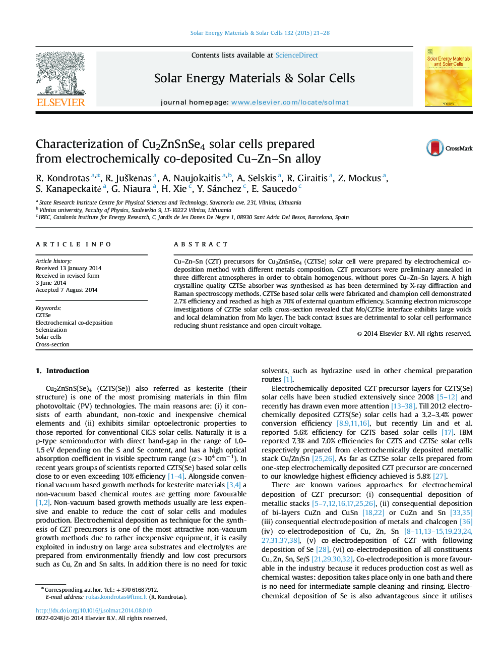 Characterization of Cu2ZnSnSe4 solar cells prepared from electrochemically co-deposited Cu-Zn-Sn alloy