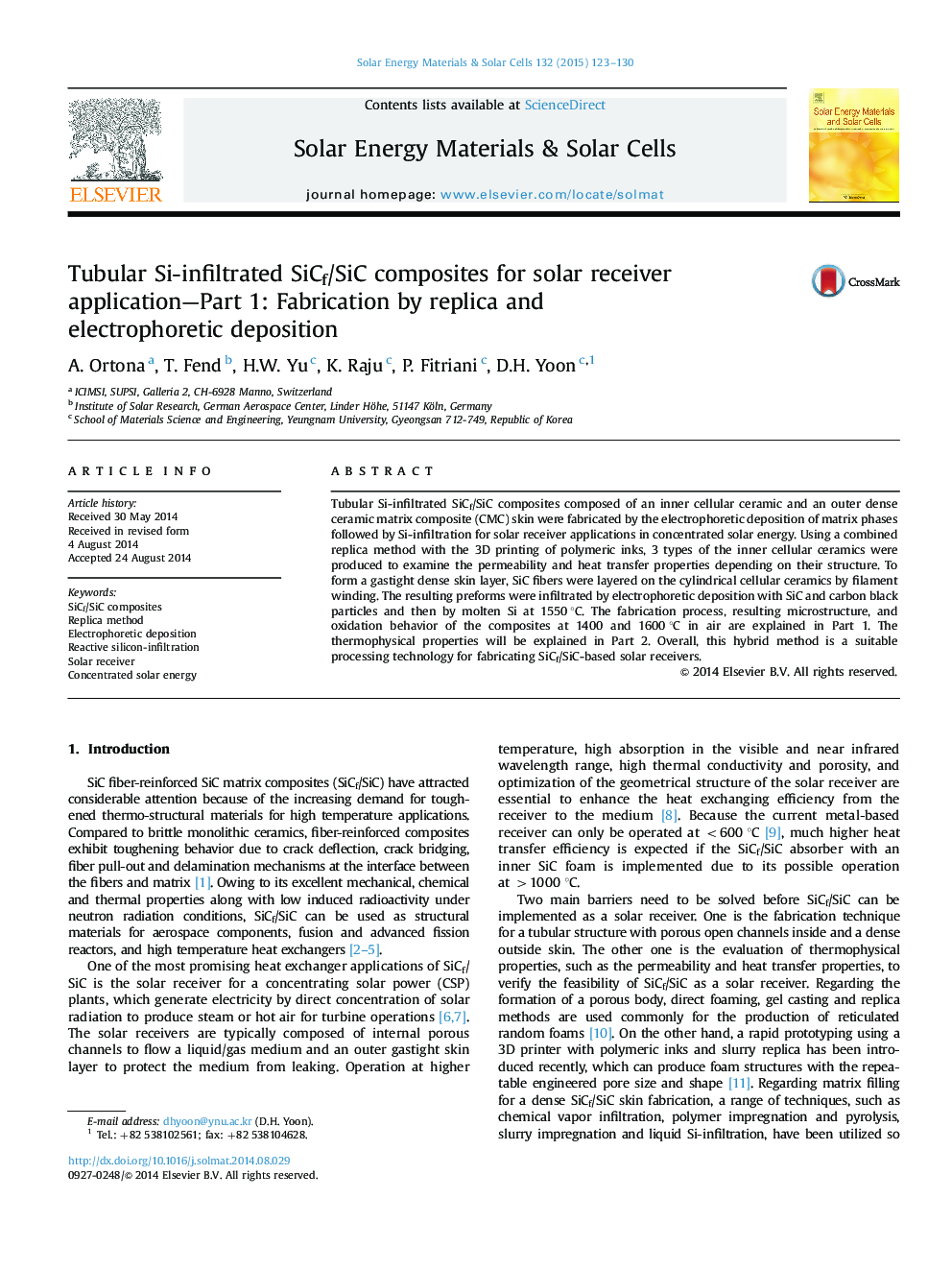 Tubular Si-infiltrated SiCf/SiC composites for solar receiver application-Part 1: Fabrication by replica and electrophoretic deposition