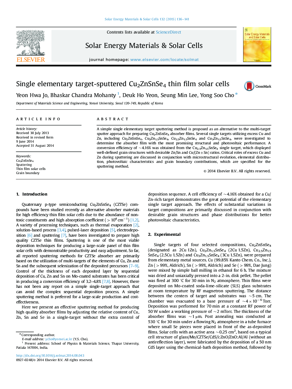 Single elementary target-sputtered Cu2ZnSnSe4 thin film solar cells