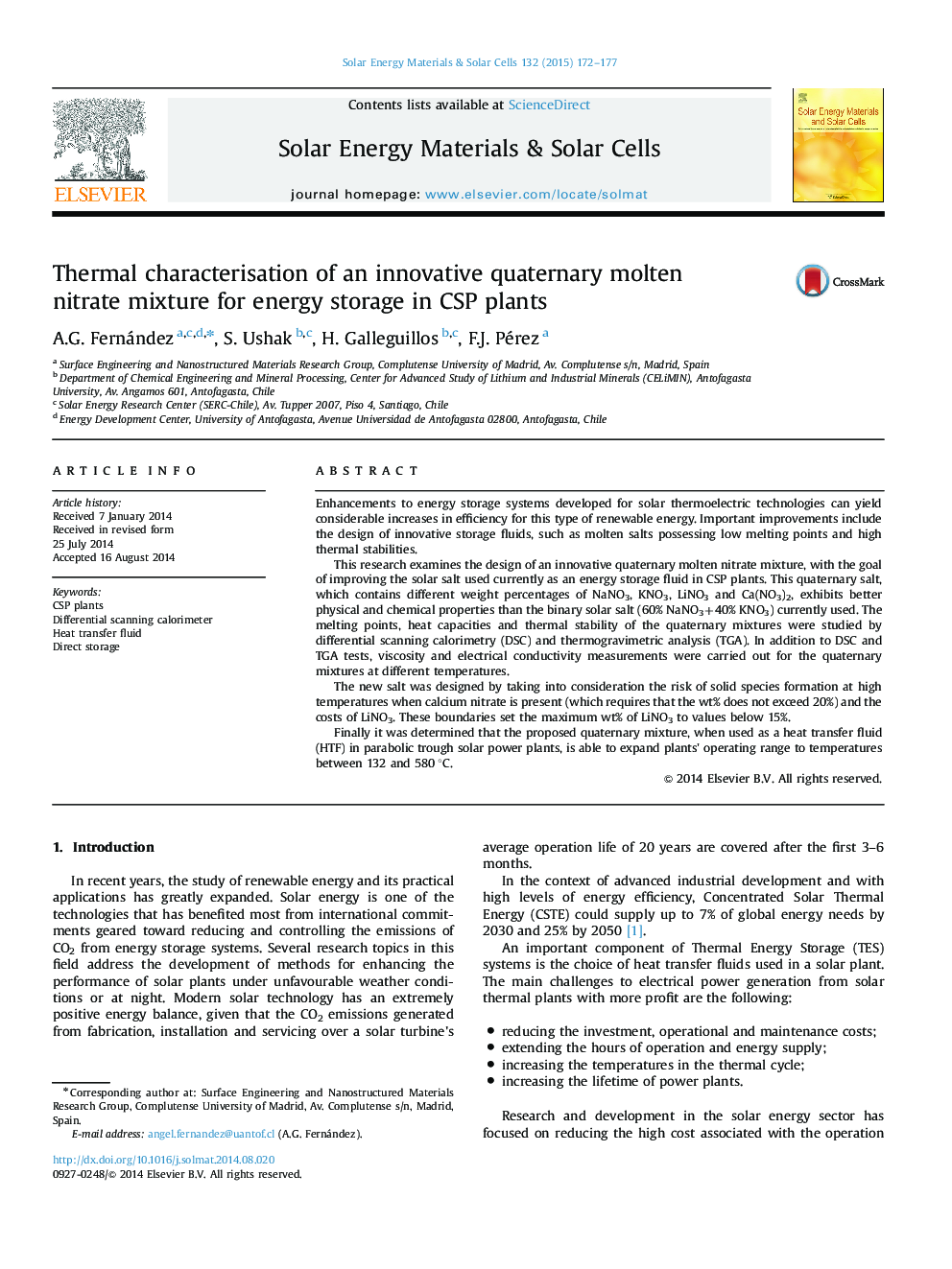 Thermal characterisation of an innovative quaternary molten nitrate mixture for energy storage in CSP plants