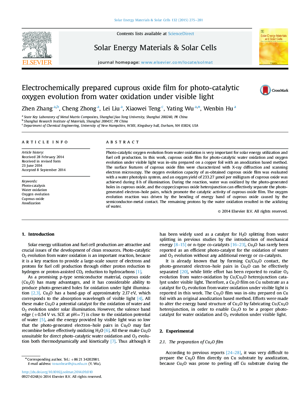 Electrochemically prepared cuprous oxide film for photo-catalytic oxygen evolution from water oxidation under visible light