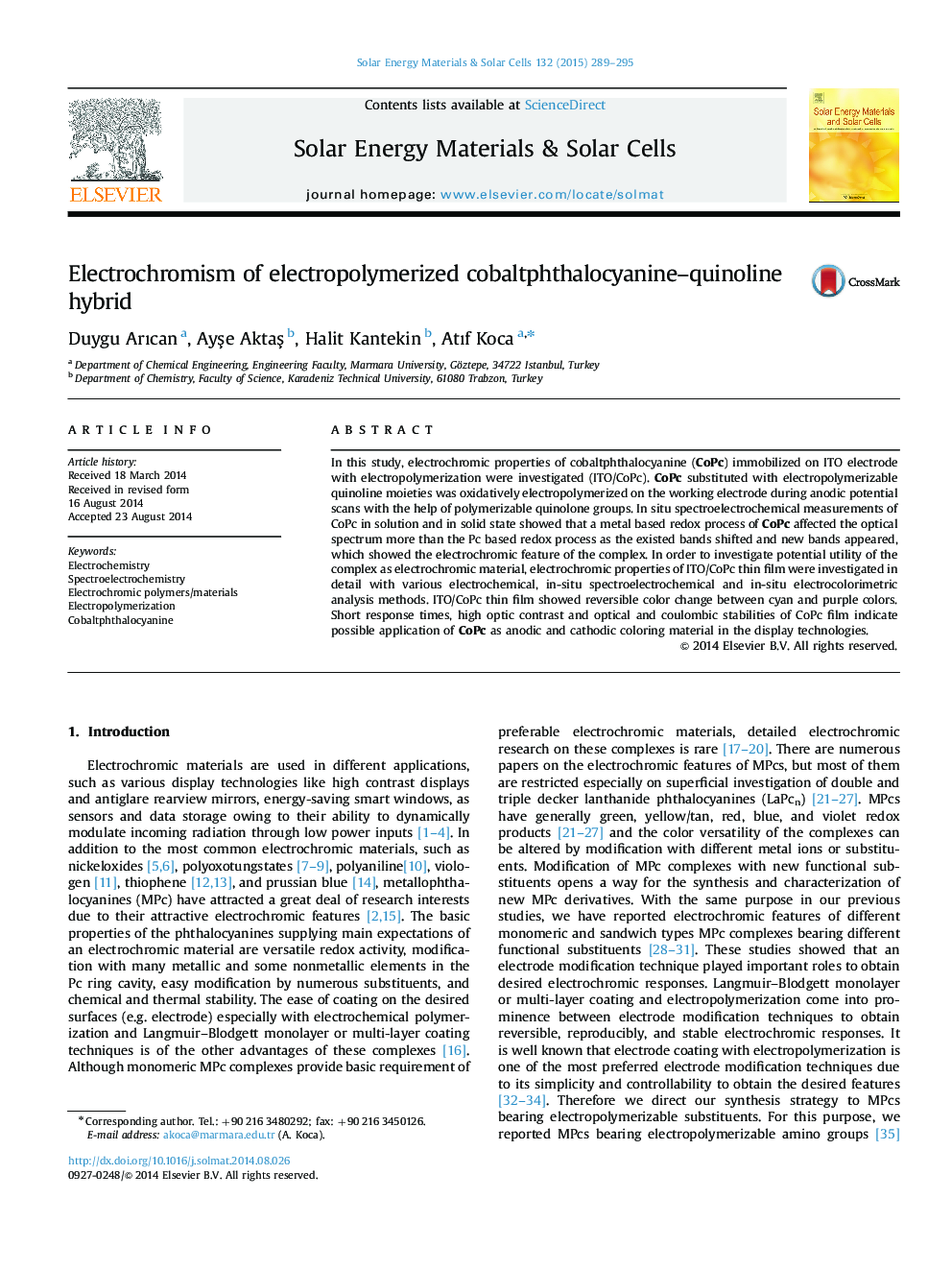 Electrochromism of electropolymerized cobaltphthalocyanine-quinoline hybrid