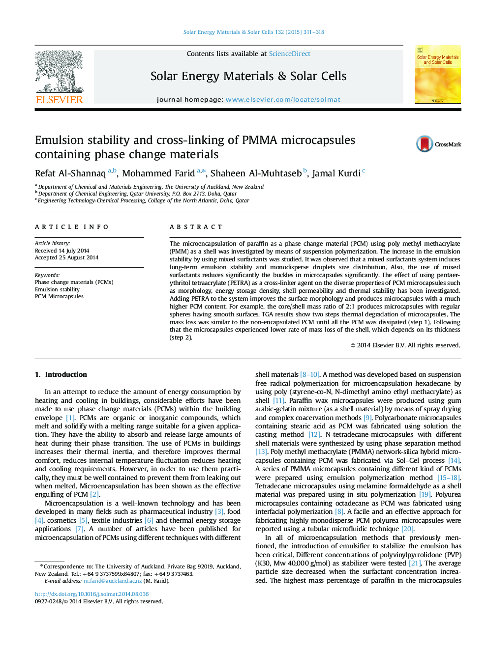 Emulsion stability and cross-linking of PMMA microcapsules containing phase change materials