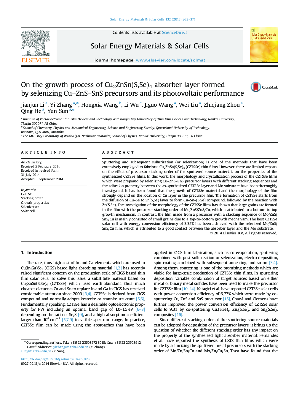 On the growth process of Cu2ZnSn(S,Se)4 absorber layer formed by selenizing Cu-ZnS-SnS precursors and its photovoltaic performance