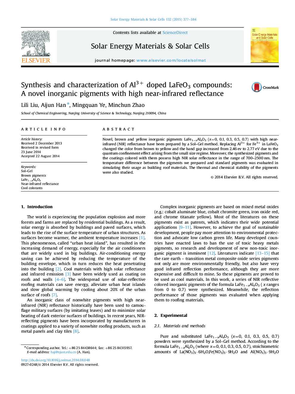 Synthesis and characterization of Al3+ doped LaFeO3 compounds: A novel inorganic pigments with high near-infrared reflectance