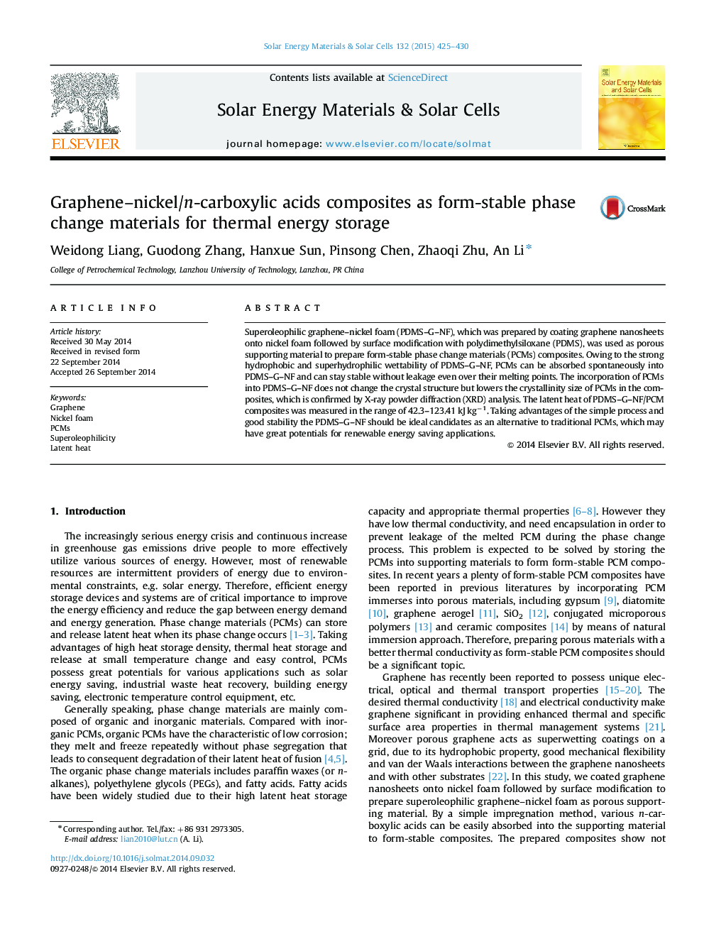 Graphene-nickel/n-carboxylic acids composites as form-stable phase change materials for thermal energy storage