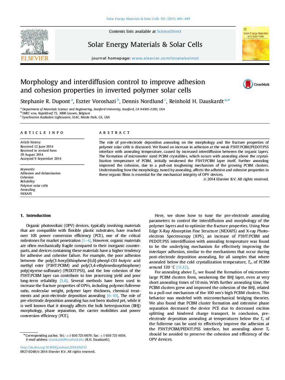 Morphology and interdiffusion control to improve adhesion and cohesion properties in inverted polymer solar cells