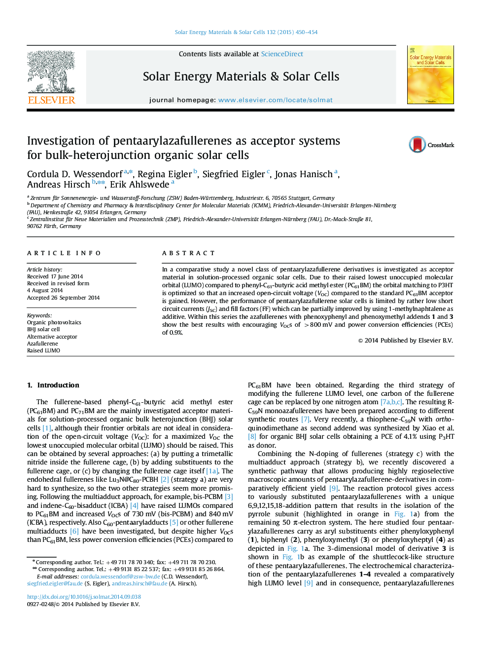 Investigation of pentaarylazafullerenes as acceptor systems for bulk-heterojunction organic solar cells