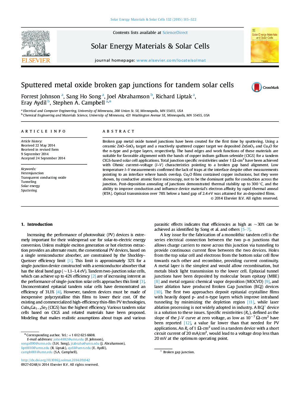 Sputtered metal oxide broken gap junctions for tandem solar cells