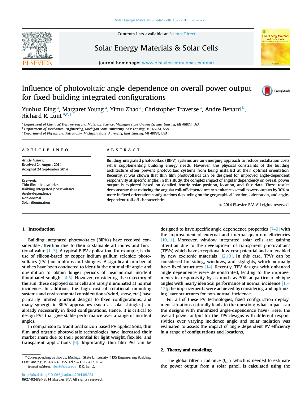 Influence of photovoltaic angle-dependence on overall power output for fixed building integrated configurations