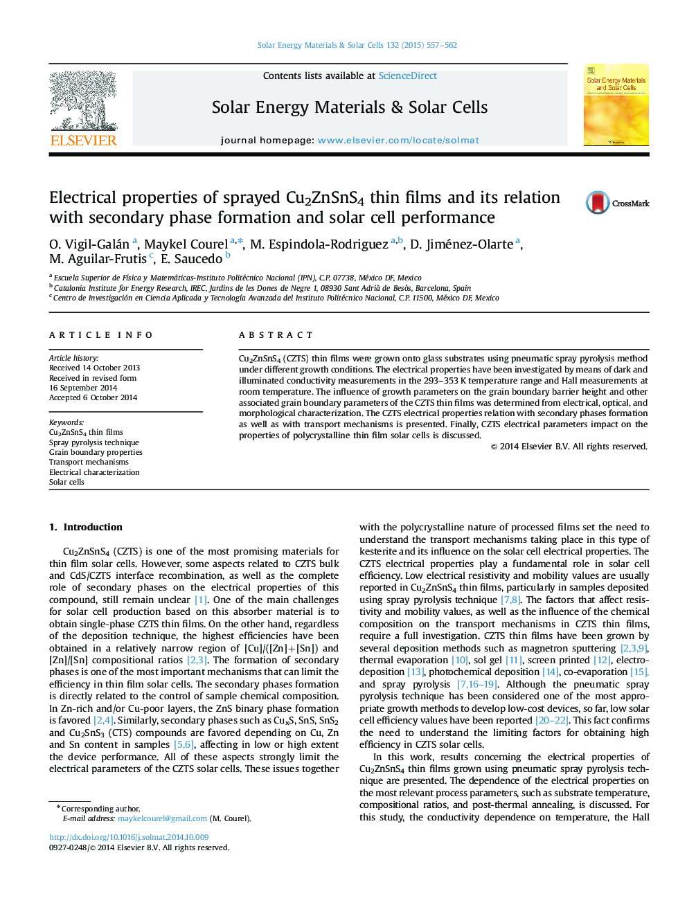 Electrical properties of sprayed Cu2ZnSnS4 thin films and its relation with secondary phase formation and solar cell performance