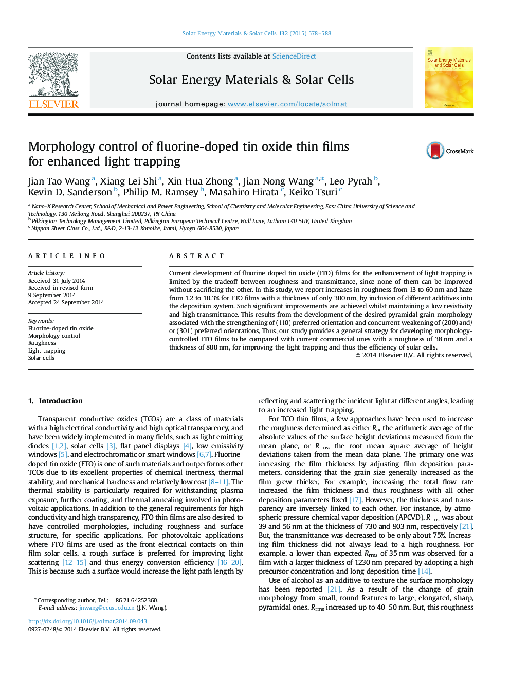 Morphology control of fluorine-doped tin oxide thin films for enhanced light trapping