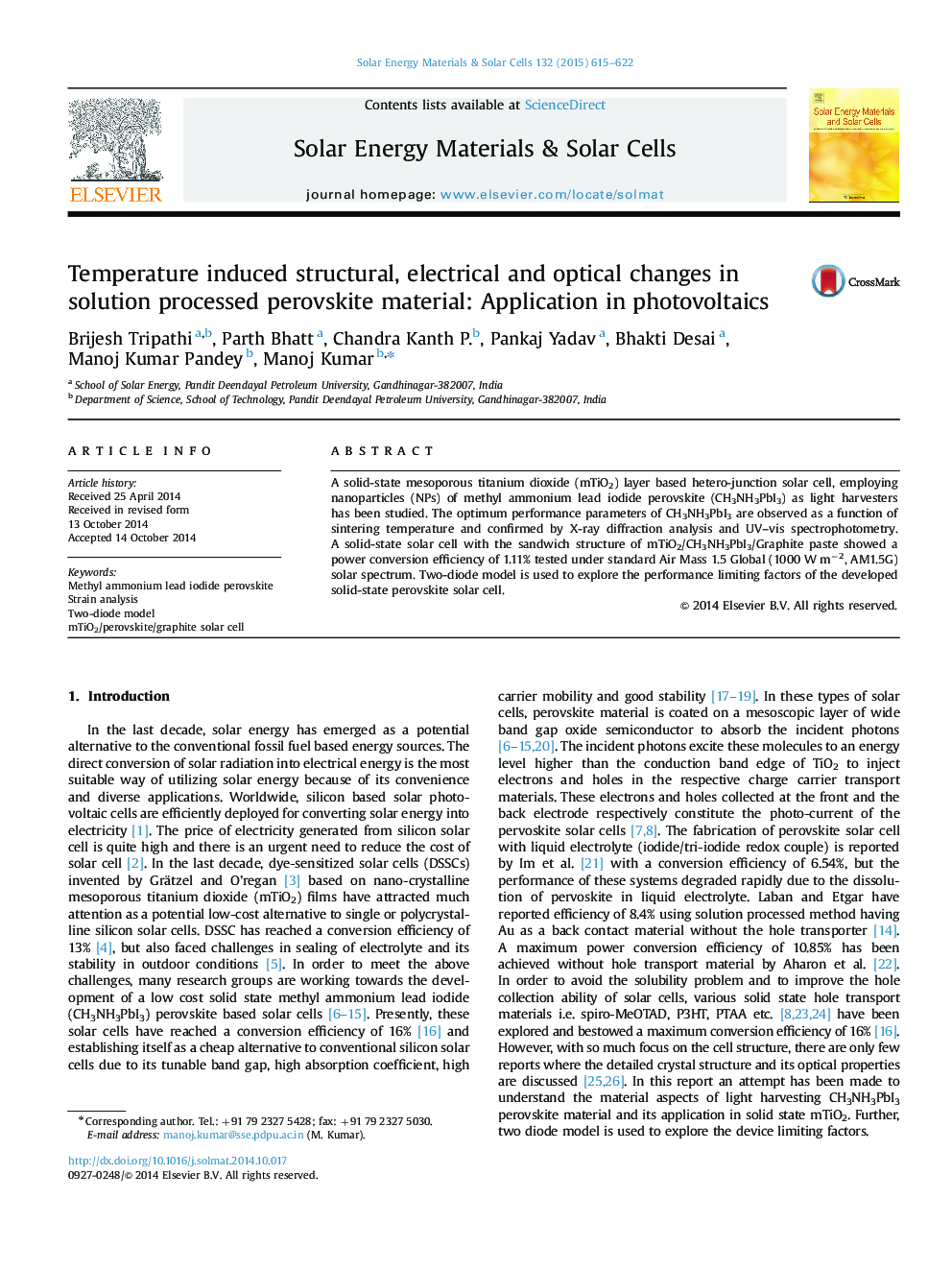 Temperature induced structural, electrical and optical changes in solution processed perovskite material: Application in photovoltaics