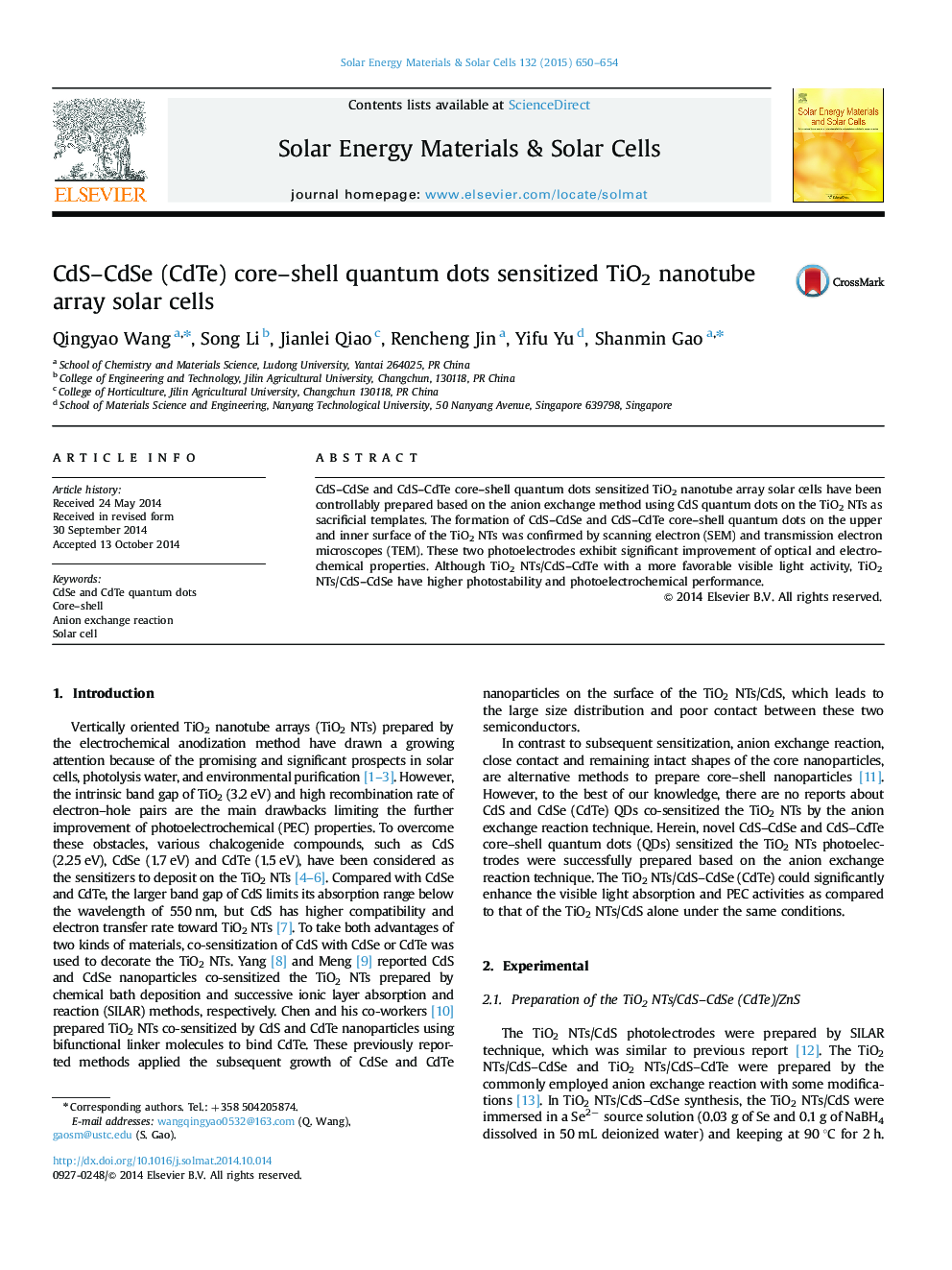CdS-CdSe (CdTe) core-shell quantum dots sensitized TiO2 nanotube array solar cells