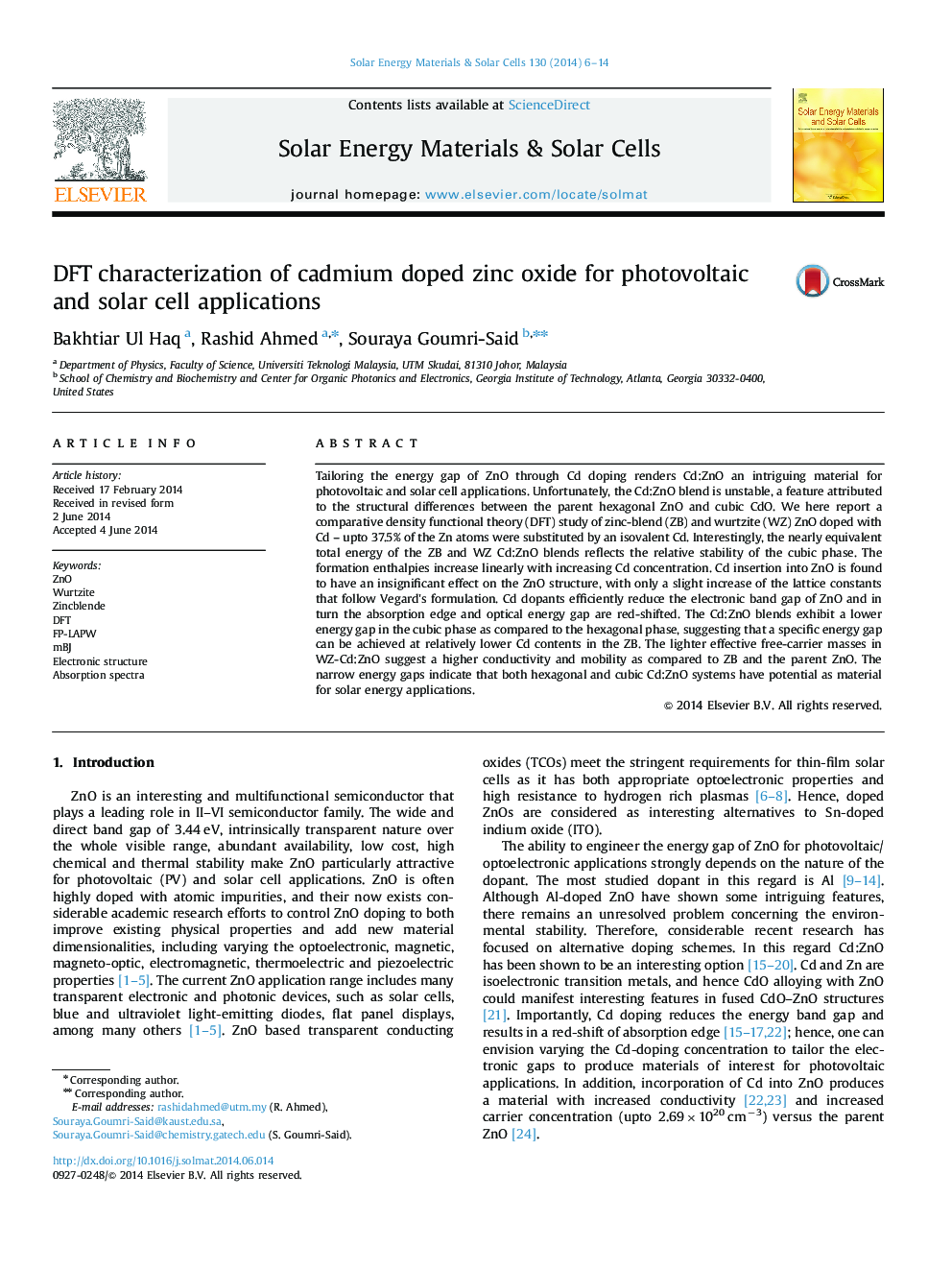 DFT characterization of cadmium doped zinc oxide for photovoltaic and solar cell applications