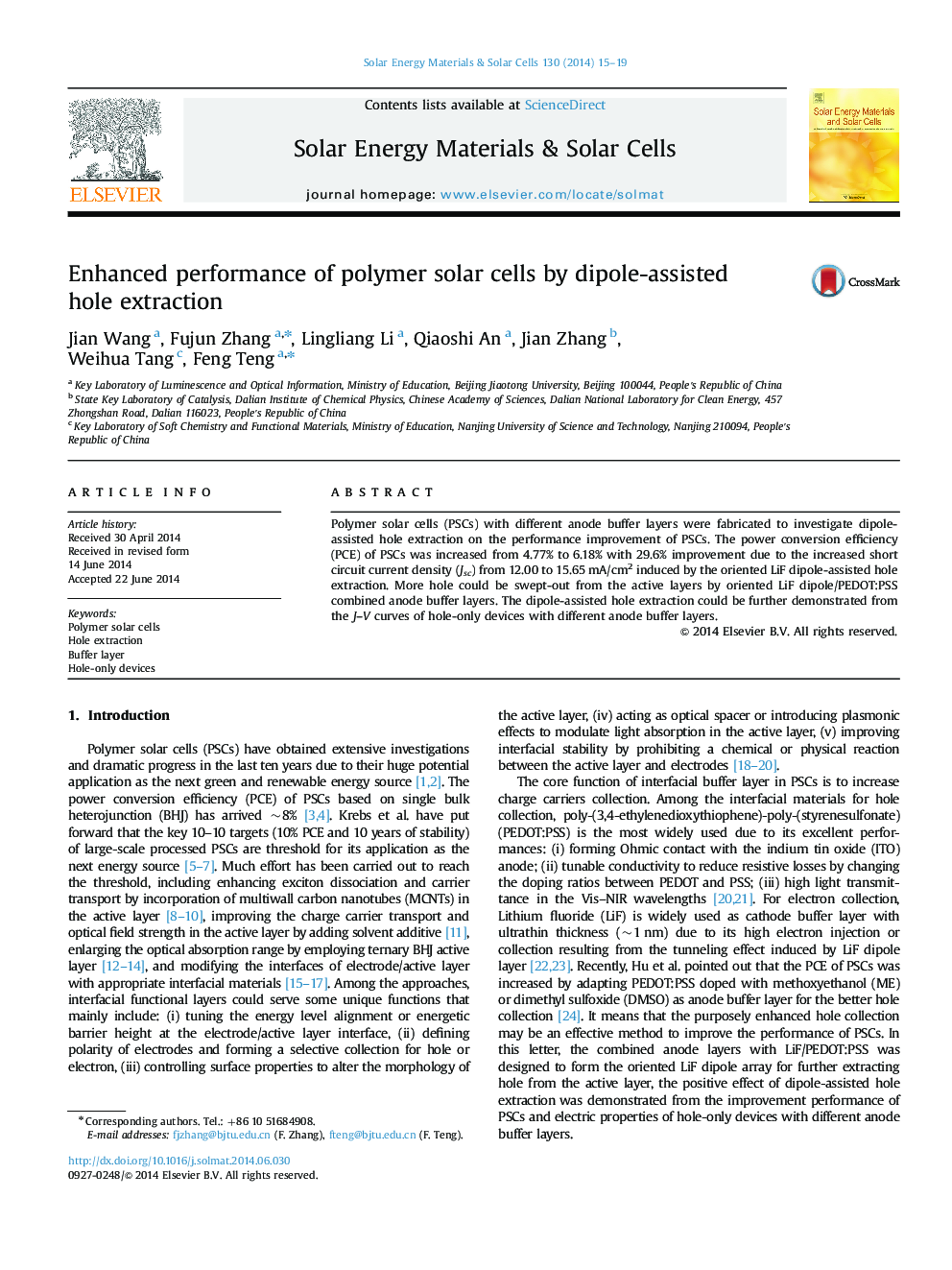 Enhanced performance of polymer solar cells by dipole-assisted hole extraction