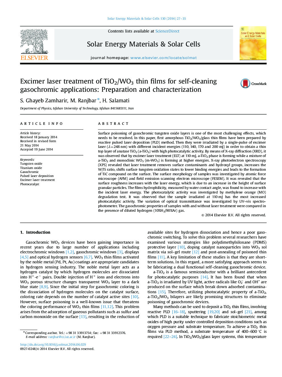 Excimer laser treatment of TiO2/WO3 thin films for self-cleaning gasochromic applications: Preparation and characterization