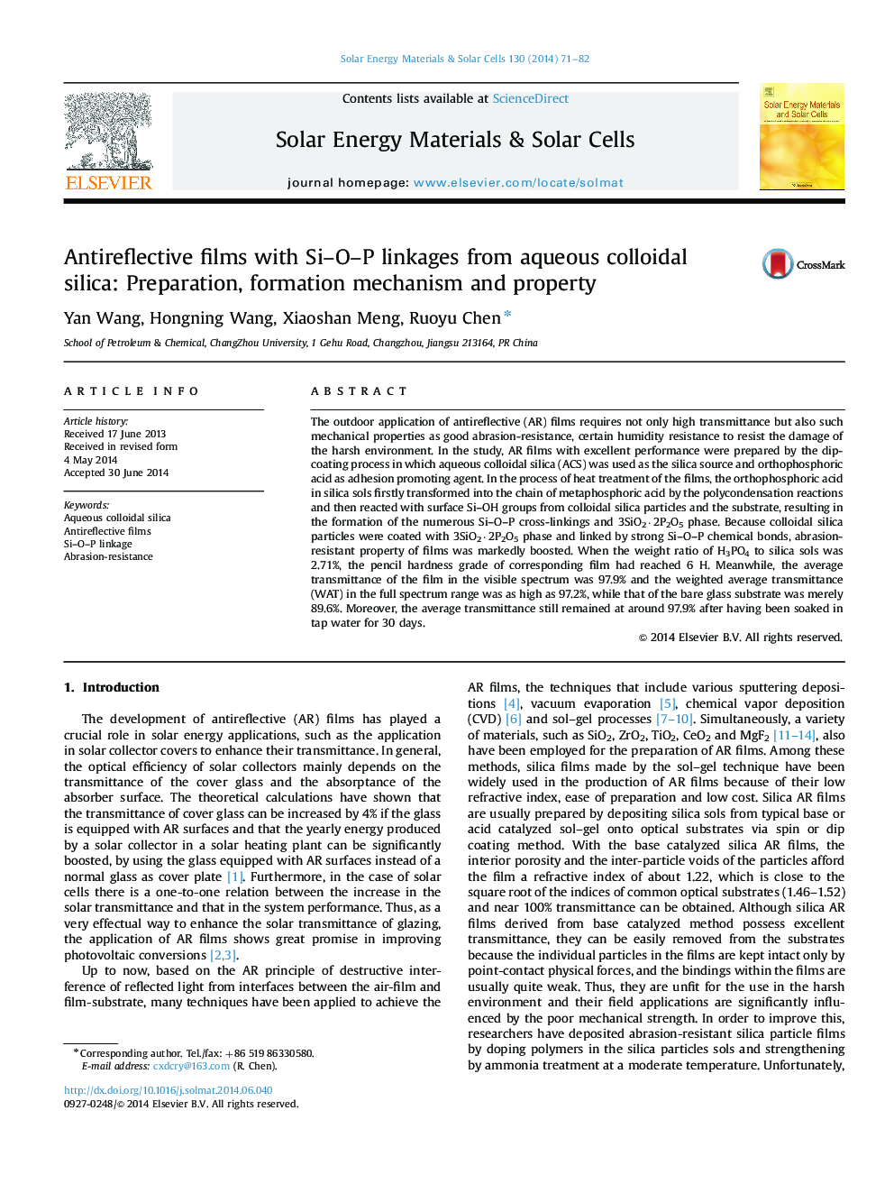 Antireflective films with Si-O-P linkages from aqueous colloidal silica: Preparation, formation mechanism and property