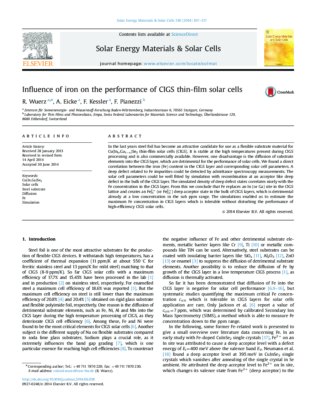 Influence of iron on the performance of CIGS thin-film solar cells